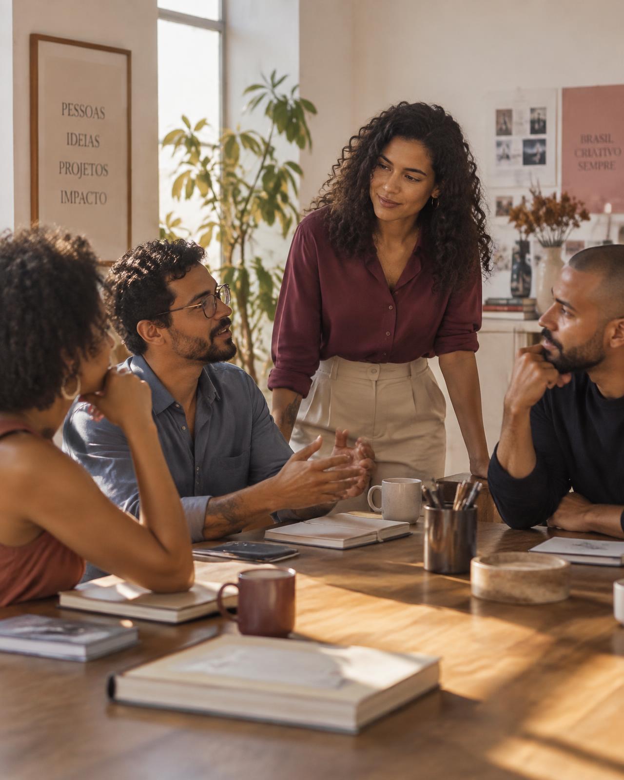 Equipe conversando em reunião de desenvolvimento